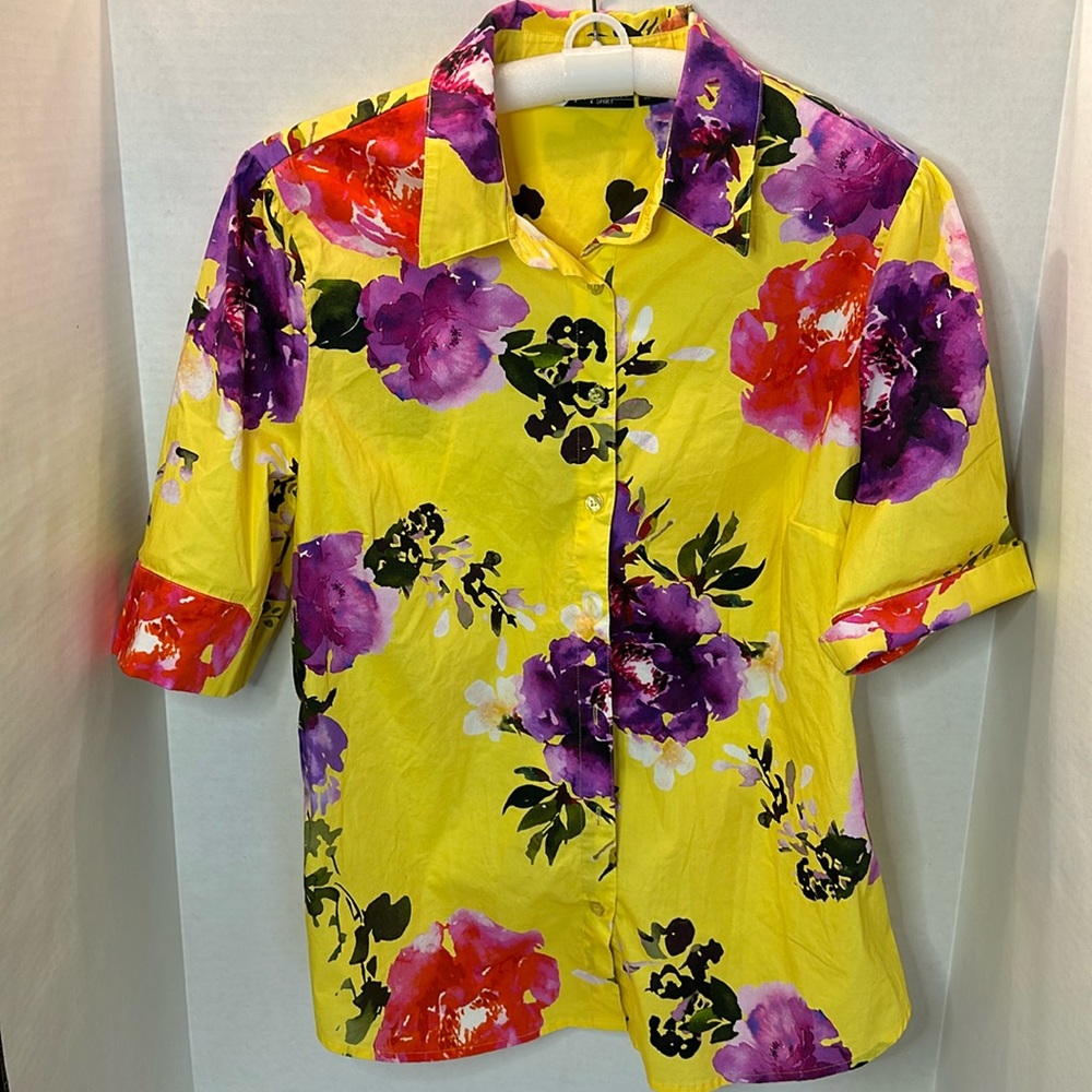 NY & C Madison Bright Floral Button Down Short Sleeve Cotton Shirt size Large